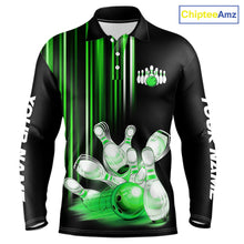Load image into Gallery viewer, Black and Green light Men bowling Polo, Quarter Zip Shirt Custom bowling ball and pins Team jerseys NQS9830