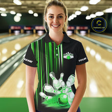 Load image into Gallery viewer, Black and Green light Women bowling Polo, Quarter Zip Shirt Custom bowling ball and pins Team jerseys NQS9830