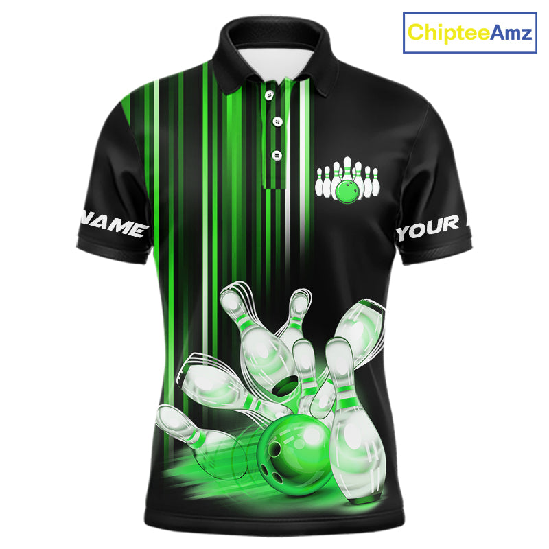 Black and Green light Men bowling Polo, Quarter Zip Shirt Custom bowling ball and pins Team jerseys NQS9830