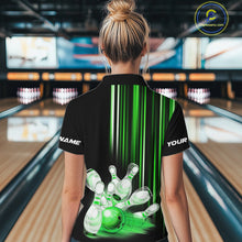 Load image into Gallery viewer, Black and Green light Women bowling Polo, Quarter Zip Shirt Custom bowling ball and pins Team jerseys NQS9830
