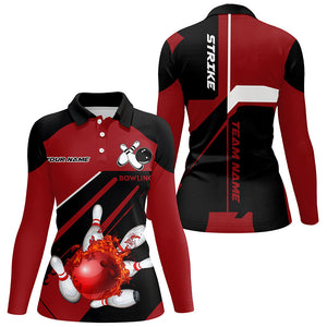 Black and Red Flame Bowling Jerseys Women Strike Bowling Custom Bowling Polo, Quarter-Zip Shirts NQS7752