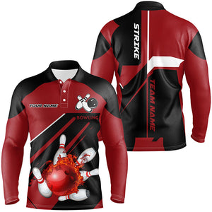 Black and Red Flame Bowling Jerseys Men Strike Bowling Custom Bowling Polo, Quarter-Zip Shirts NQS7752