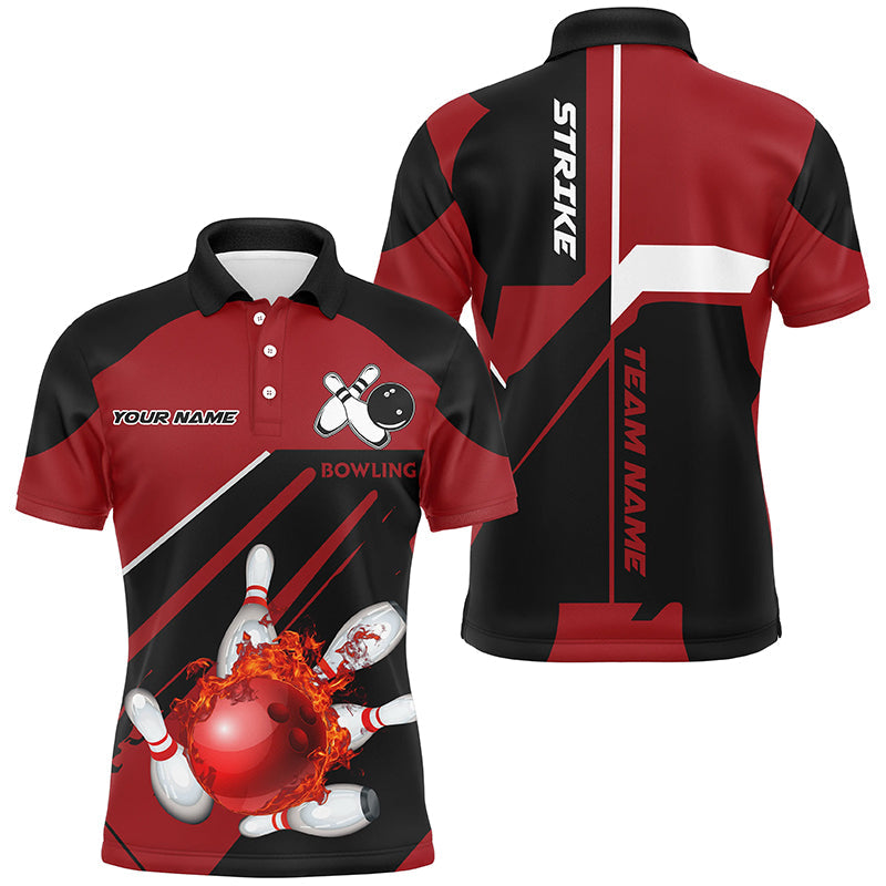 Black and Red Flame Bowling Jerseys Men Strike Bowling Custom Bowling Polo, Quarter-Zip Shirts NQS7752