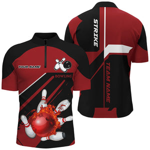 Black and Red Flame Bowling Jerseys Men Strike Bowling Custom Bowling Polo, Quarter-Zip Shirts NQS7752