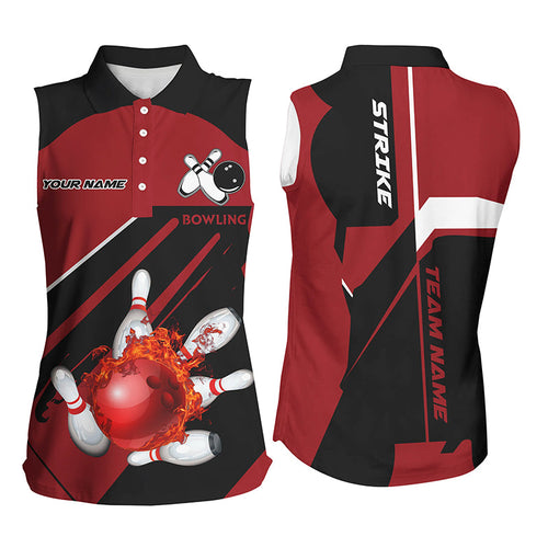 Black and Red Flame Bowling Jerseys Womens Strike Bowling Custom Bowling Sleeveless Polo Shirts NQS7752