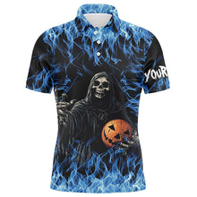 Load image into Gallery viewer, Blue flame Halloween Skull Bowling custom Mens Bowling Polo, Quarter Zip Shirts, team bowling jerseys NQS8184