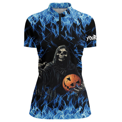Blue flame Halloween Skull Bowling custom Women Bowling Polo, Quarter Zip Shirts, team bowling jerseys NQS8184