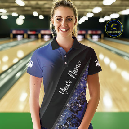 Black and Blue Glitter Flower Bowling Polo, Quarter Zip Shirt for Women Custom Bowling Team Jerseys NQS10383