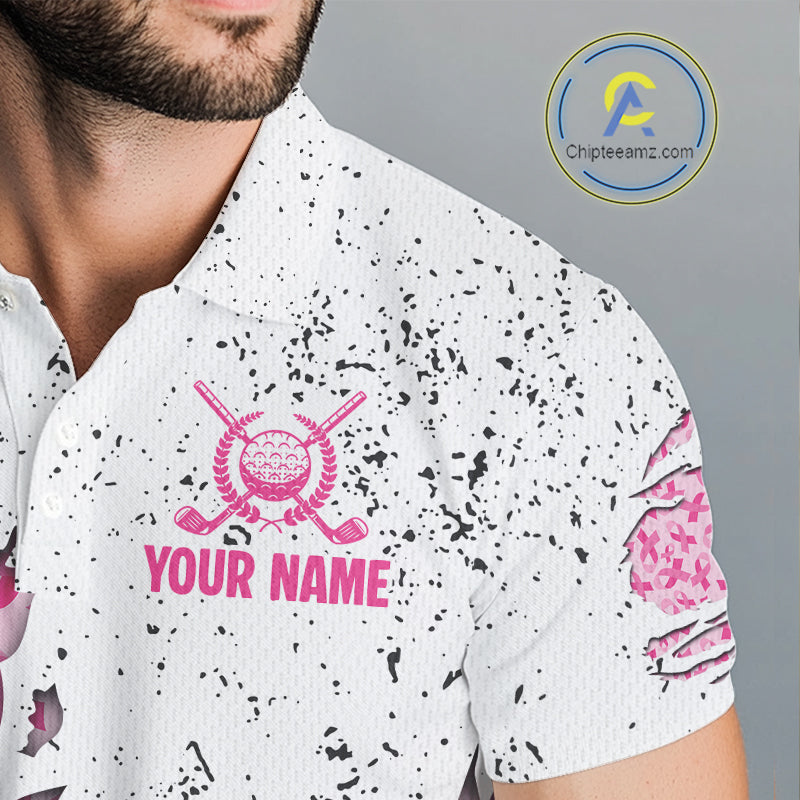 Pink ribbon white grunge pattern Mens golf polo shirt custom breast cancer awareness mens golf top NQS10386