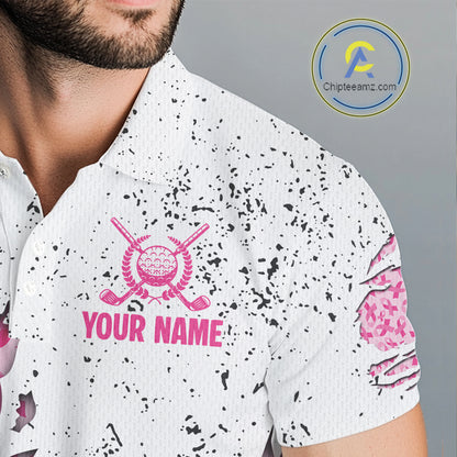 Pink ribbon white grunge pattern Mens golf polo shirt custom breast cancer awareness mens golf top NQS10386