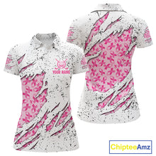 Load image into Gallery viewer, Pink ribbon white grunge pattern Women golf polo shirt custom breast cancer awareness ladies golf top NQS10386