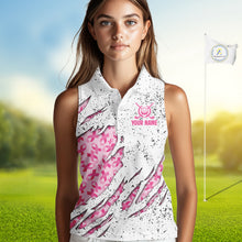 Load image into Gallery viewer, Pink ribbon white grunge pattern Women Sleeveless Polo Shirt custom breast cancer awareness golf top NQS10386