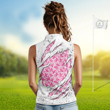 Load image into Gallery viewer, Pink ribbon white grunge pattern Women Sleeveless Polo Shirt custom breast cancer awareness golf top NQS10386