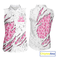 Load image into Gallery viewer, Pink ribbon white grunge pattern Women Sleeveless Polo Shirt custom breast cancer awareness golf top NQS10386