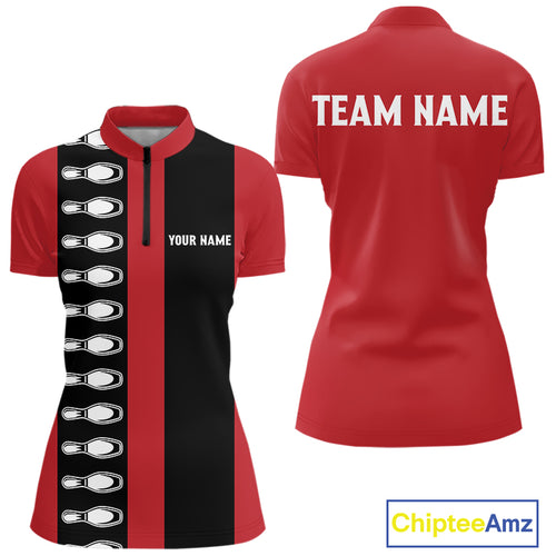 Red and black retro vintage Bowling polo, quarter zip shirts for Women custom Bowling team jerseys NQS10385