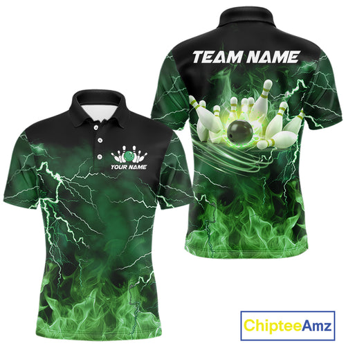 Mens bowling shirts Custom green lightning thunder flame Bowling Team Jersey, gift for team Bowlers NQS10388