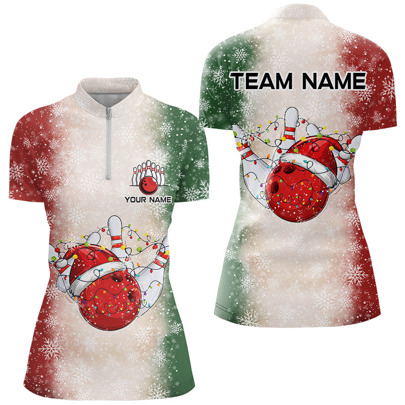 Christmas Bowling ball and pins Womens Bowling Shirts Custom Team Bowling jersey, Xmas Gift for Bowler NQS8879