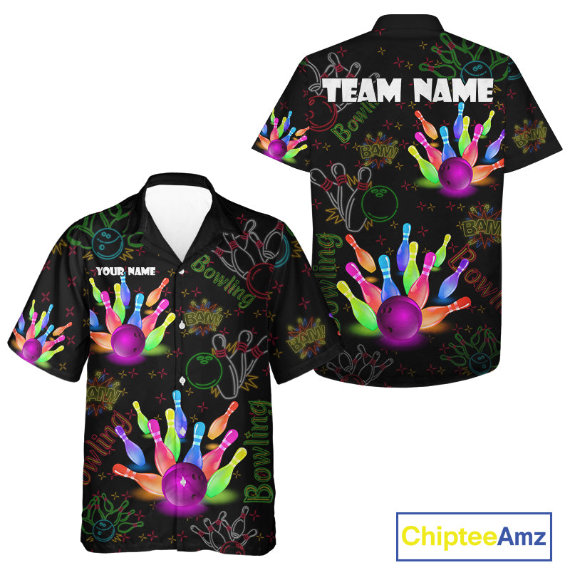 Colorful Neon Hawaiian bowling jersey custom black bowling shirts, team button up bowling shirts NQS10984