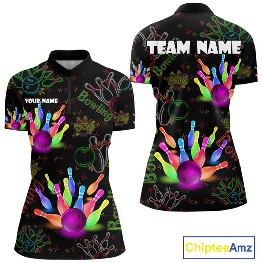 Colorful Neon Bowling shirts for Women custom black bowling shirts, team bowling jerseys ladies NQS10984