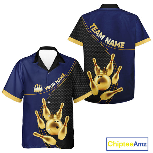 Blue and Gold Hawaiian Bowling jerseys Custom Team Bowling Button up Shirt bowlers Outfit NQS10986