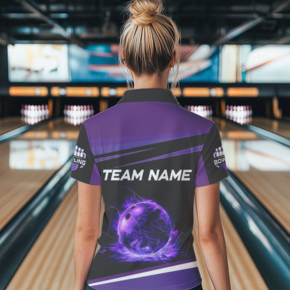 Black and Purple Lighting Flame Women Bowling Polo, Quarter Zip Shirt Custom Team bowling jerseys NQS9320