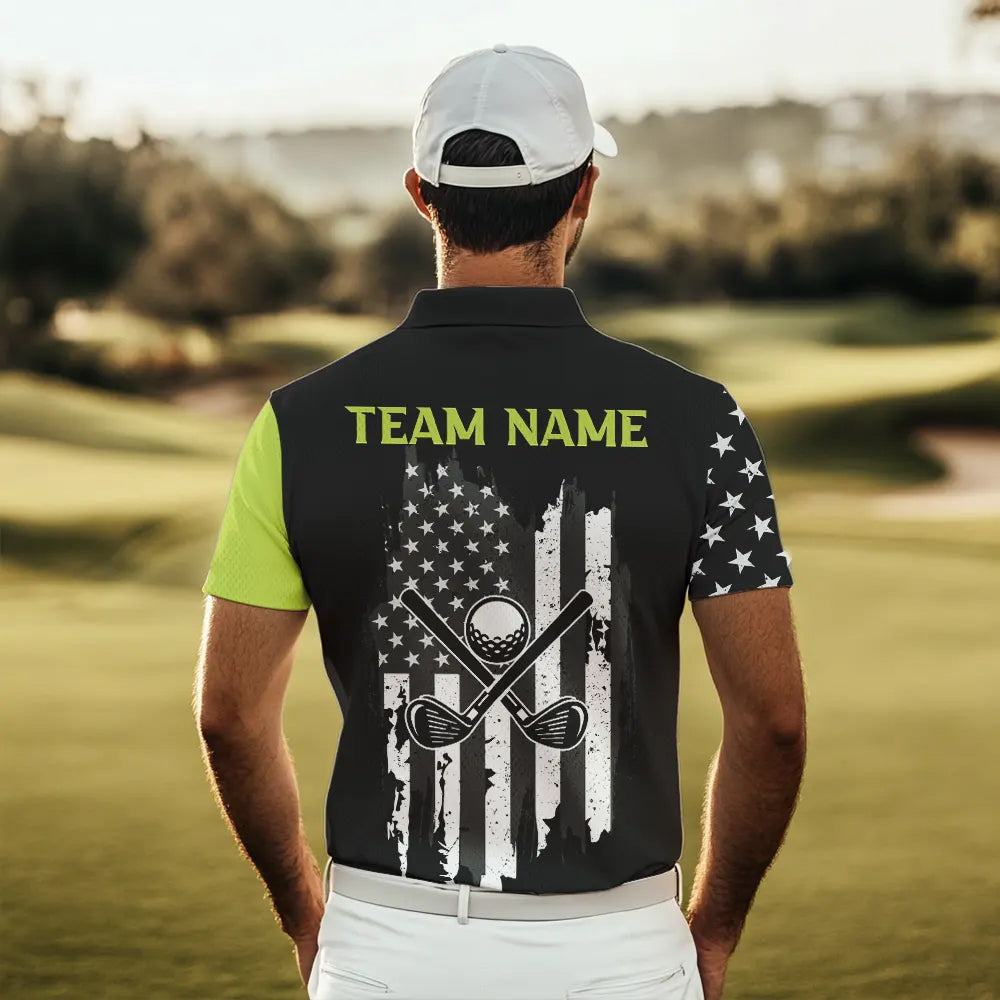 Black White Retro American Flag Golf Polo Shirt for Men Custom Patriotic Golf Team Shirt | Green NQS9637