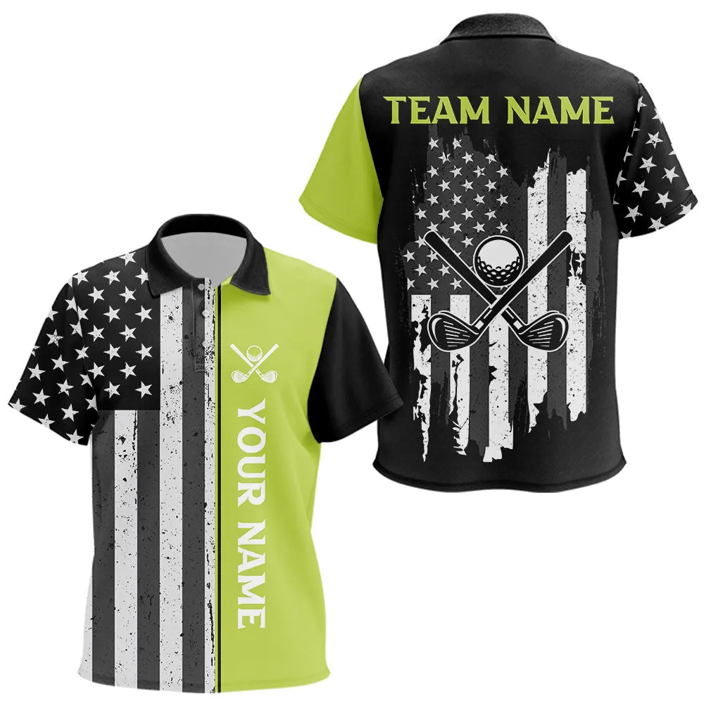 Black White Retro American Flag Golf Polo Shirt for Kid Custom Patriotic Golf Team Shirt | Green NQS9637