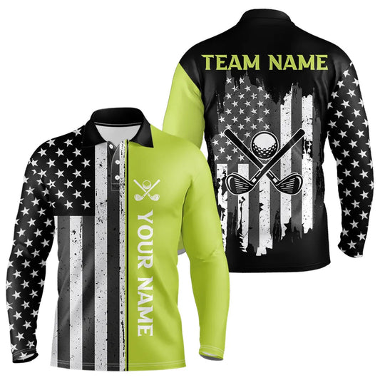 Black White Retro American Flag Golf Polo Shirt for Men Custom Patriotic Golf Team Shirt | Green NQS9637