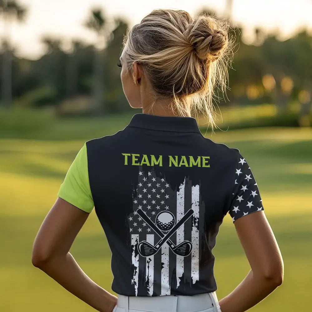 Black White Retro American Flag Golf Polo Shirt for Women Custom Patriotic Golf Team Shirt | Green NQS9637
