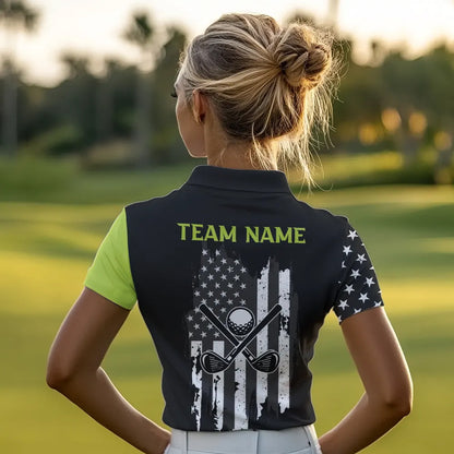 Black White Retro American Flag Golf Polo Shirt for Women Custom Patriotic Golf Team Shirt | Green NQS9637
