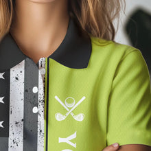 Load image into Gallery viewer, Black White Retro American Flag Golf Polo Shirt for Women Custom Patriotic Golf Team Shirt | Green NQS9637
