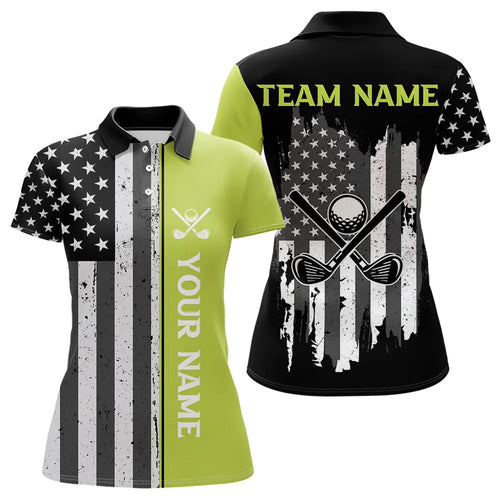 Black White Retro American Flag Golf Polo Shirt for Women Custom Patriotic Golf Team Shirt | Green NQS9637