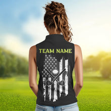 Load image into Gallery viewer, Black White Retro American Flag Women Sleeveless Polo Shirt Custom Patriotic Golf Team Shirt | Green NQS9637