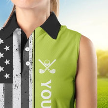 Load image into Gallery viewer, Black White Retro American Flag Women Sleeveless Polo Shirt Custom Patriotic Golf Team Shirt | Green NQS9637