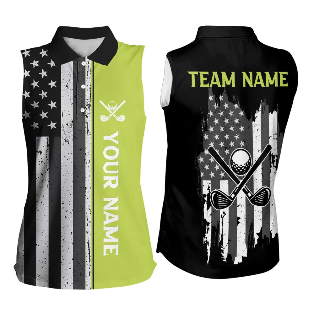 Black White Retro American Flag Women Sleeveless Polo Shirt Custom Patriotic Golf Team Shirt | Green NQS9637