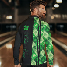 Load image into Gallery viewer, Black and Green Argyle Clover pattern Men Bowling Shirts Custom St patrick Day Bowling Team Jersey NQS9639