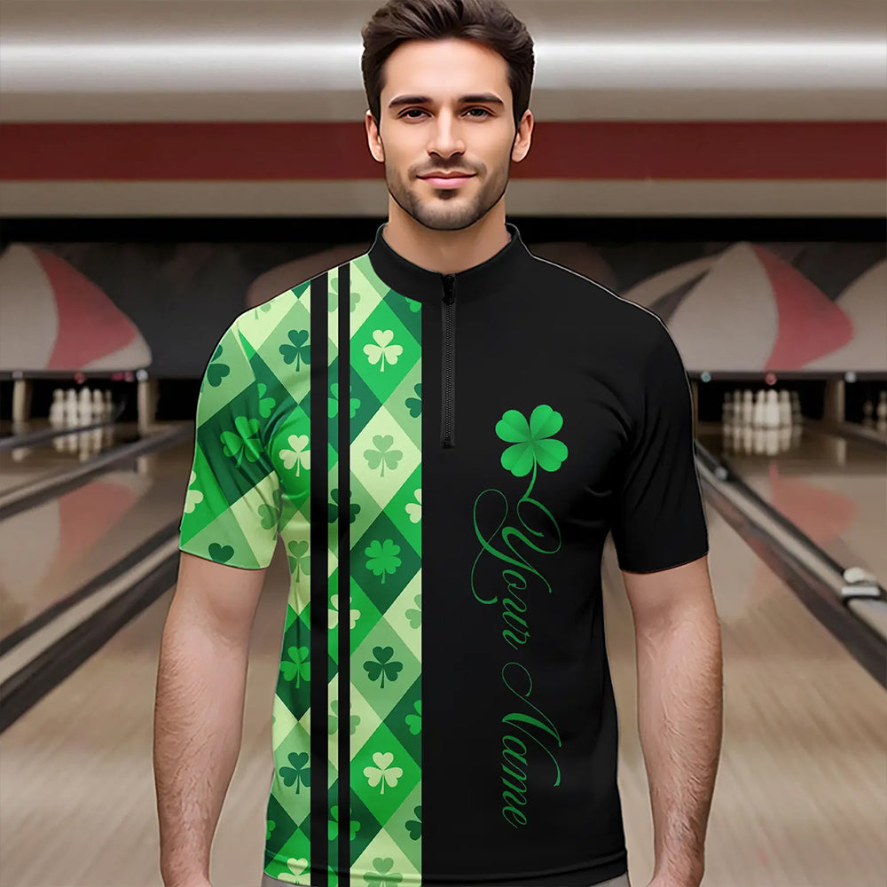 Black and Green Argyle Clover pattern Men Bowling Shirts Custom St patrick Day Bowling Team Jersey NQS9639