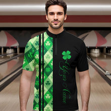 Load image into Gallery viewer, Black and Green Argyle Clover pattern Men Bowling Shirts Custom St patrick Day Bowling Team Jersey NQS9639