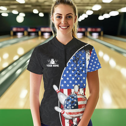 Black Camo Bowling Polo, 1/4 Zip Shirts For Women Custom American Flag Patriotic Bowling Team Jersey NQS9640