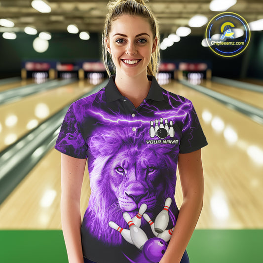 Personalized Purple Lightning Thunder Storm Lion Bowling Shirts For Women Custom Bowling Team Jerseys NQS9839