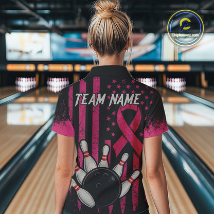 Black and Pink ribbon American Flag Breast Cancer Bowling Shirts For Women Custom Bowling Team Jerseys NQS9841