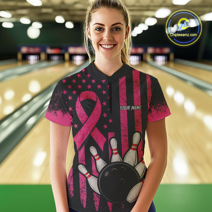 Black and Pink ribbon American Flag Breast Cancer Bowling Shirts For Women Custom Bowling Team Jerseys NQS9841
