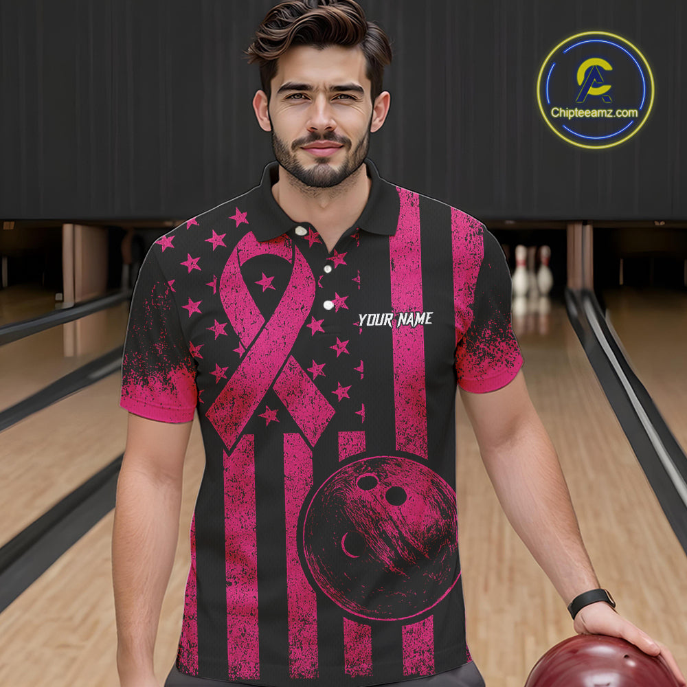Black and Pink ribbon American Flag Bowling Shirts For Men Custom Breast Cancer team bowling shirts NQS9843