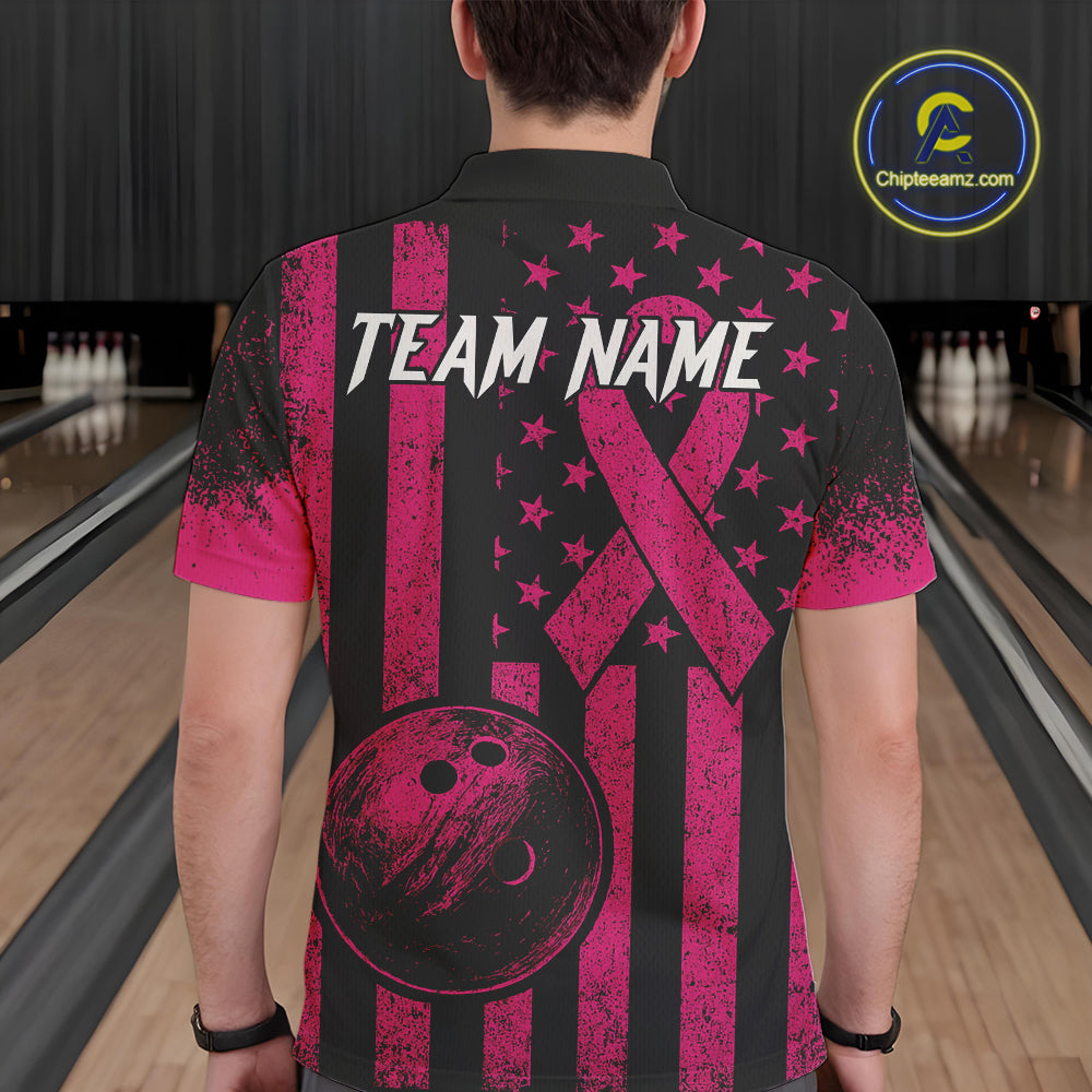 Black and Pink ribbon American Flag Bowling Shirts For Men Custom Breast Cancer team bowling shirts NQS9843
