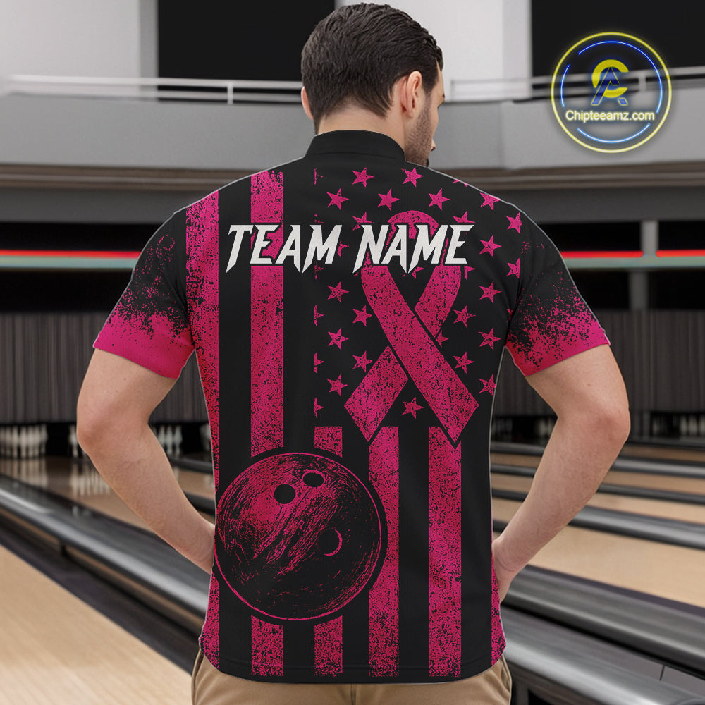 Black and Pink ribbon American Flag Bowling Shirts For Men Custom Breast Cancer team bowling shirts NQS9843