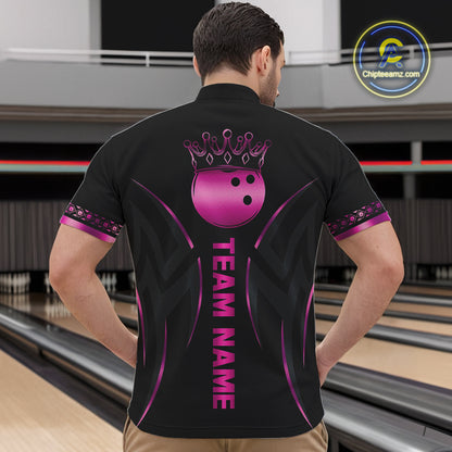 Black and Pink crown Bowling ball Polo, Quarter Zip Shirts for Men Custom Bowling Team jerseys NQS10074