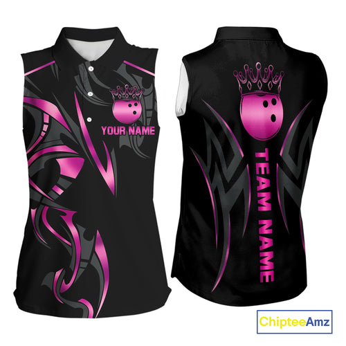 Black and Pink crown Bowling sleeveless polo Shirt Custom Bowling Team jerseys NQS10074