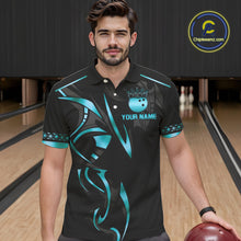 Load image into Gallery viewer, Black and Cyan Blue crown Bowling ball Polo, Quarter Zip Shirts for Men Custom Bowling Team jerseys NQS10075