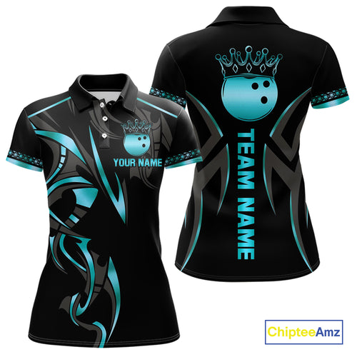 Black and Cyan Blue crown Bowling ball Polo, Quarter Zip Shirts for Women Custom Bowling Team jerseys NQS10075