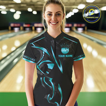 Load image into Gallery viewer, Black and Cyan Blue crown Bowling ball Polo, Quarter Zip Shirts for Women Custom Bowling Team jerseys NQS10075